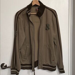 Quiksilver Men's Tan / Beige Bomber Jacket Full Zip Long Sleeve w Patches